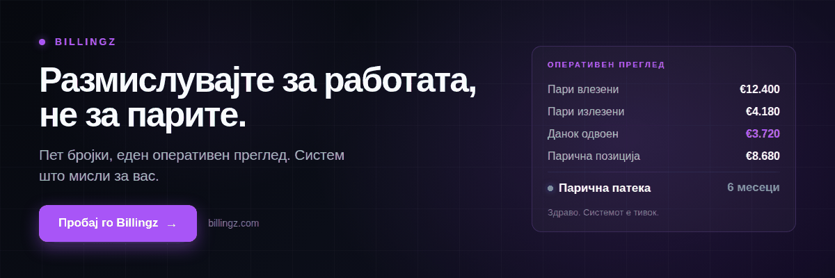 Billingz, оперативен преглед за фриленсери. Пари влезени, пари излезени, данок одвоен, парична позиција, парична патека. Пет бројки, еден преглед. Од Др. Радован Витошевиќ.